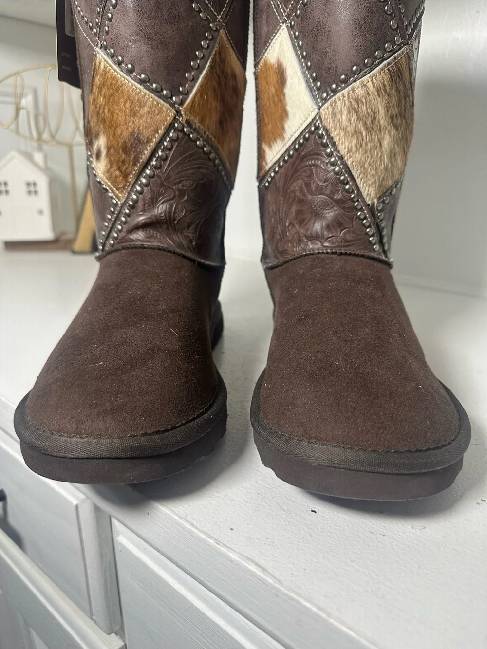 Montana West Women’s Size 8 Brown Western Winter Boots Cowhide Studded Mid Calf